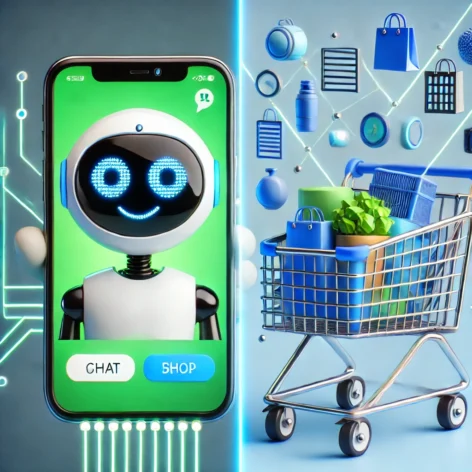 KartCommand AI chatbot for WooCommerce displayed on smartphone screen next to shopping cart with e-commerce icons, illustrating seamless integration of AI assistant with online shopping experience