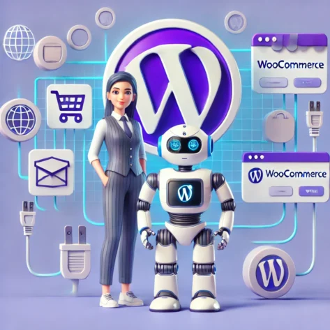 Illustration of KartCommand AI assistant integrated with WordPress and WooCommerce, featuring robot and store owner surrounded by e-commerce icons