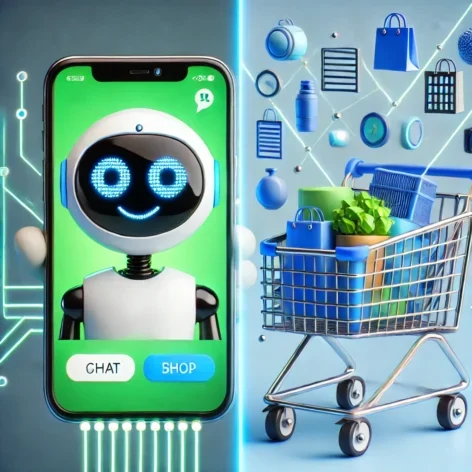 KartCommand AI chatbot for WooCommerce displayed on smartphone screen next to shopping cart with e-commerce icons, illustrating seamless integration of AI assistant with online shopping experience