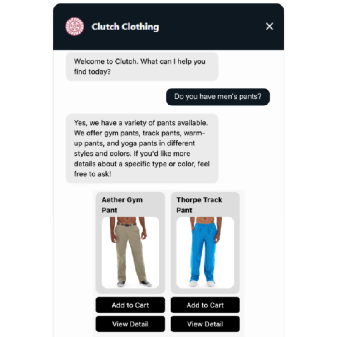 KartCommand AI chatbot interface for WooCommerce store 'Clutch Clothing', showcasing product recommendations and Add to Cart functionality within the chat window